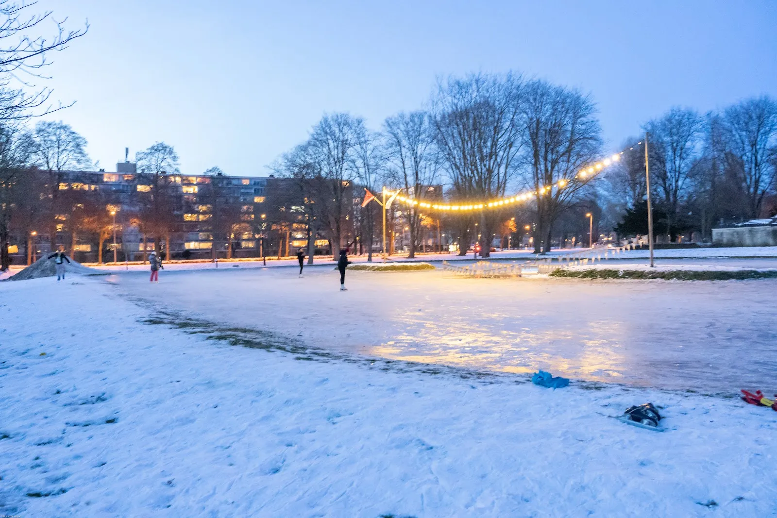 The natural-ice rink in Park De Watertoren at dusk, with snow around the ice, skaters in the distance and string lights hanging between the trees. — Natuurijsbaan Park De Watertoren