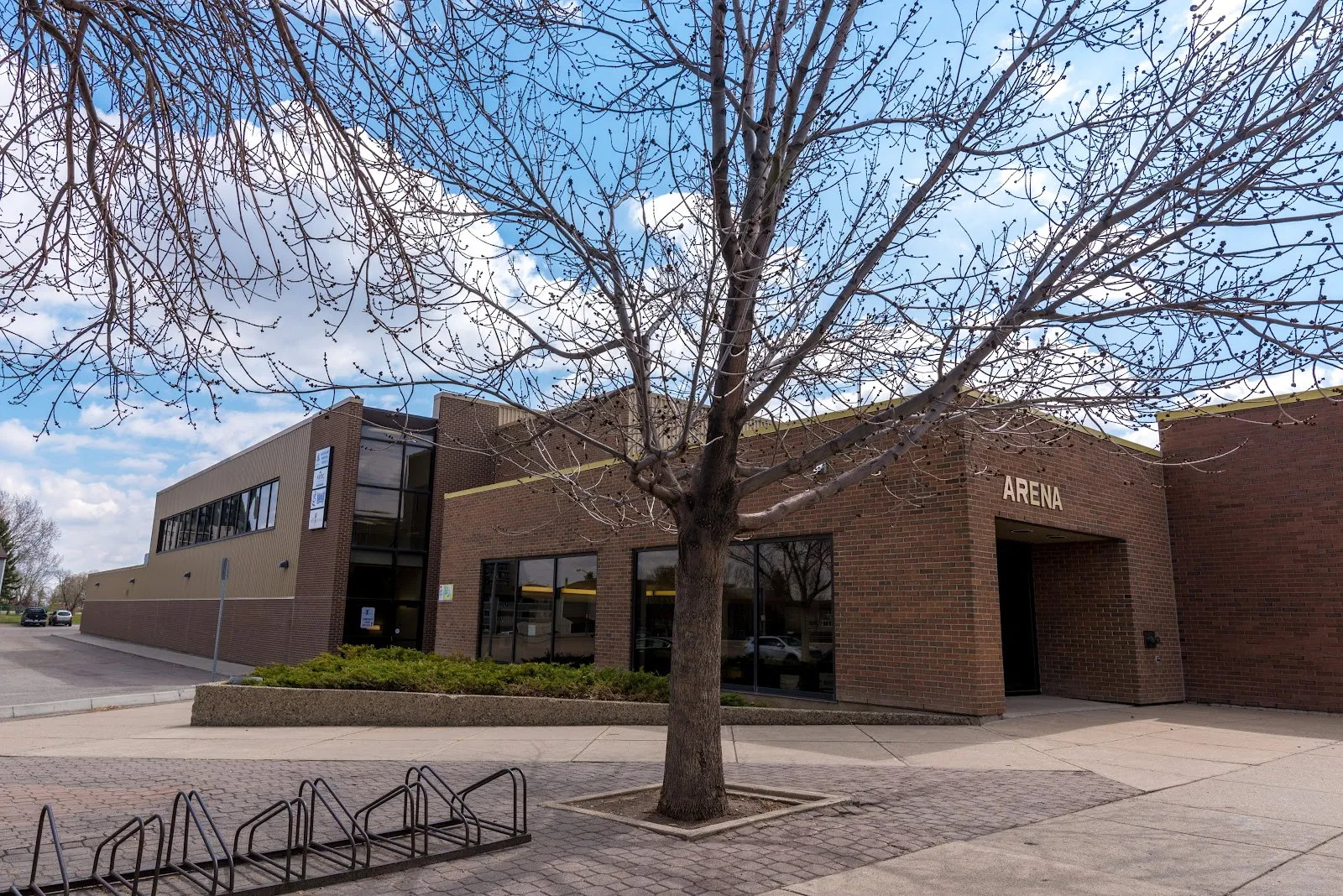 The brick entrance of the Nicholas Sheran arena wing with ARENA lettered above its doorway, seen beyond a bare tree and bike racks on a paved plaza under a partly cloudy sky. — Nicholas Sheran Arena