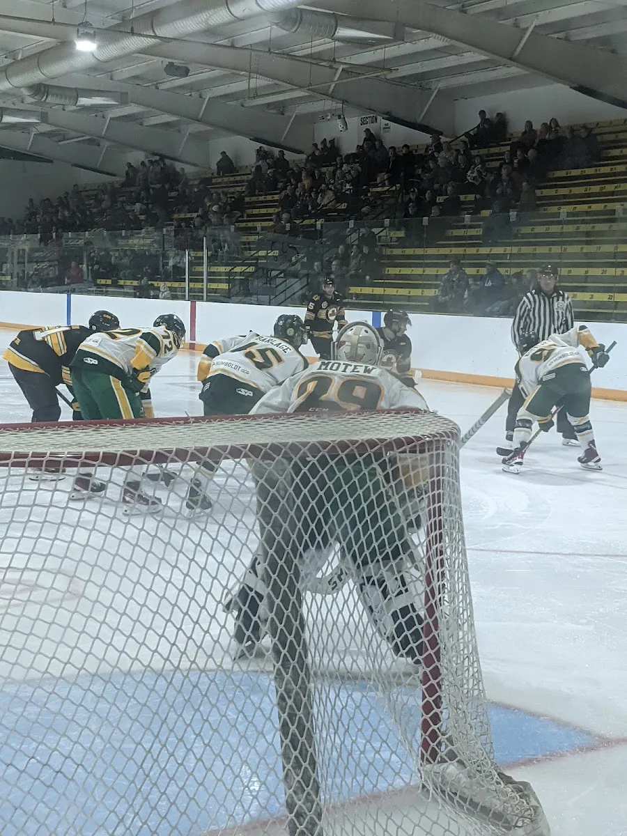 A game at the Centennial Arena in Nipawin, a faceoff beside the net with players in black-and-gold and green-and-white uniforms and a referee, and spectators filling the wooden bleachers behind the glass. — Nipawin Centennial Arena