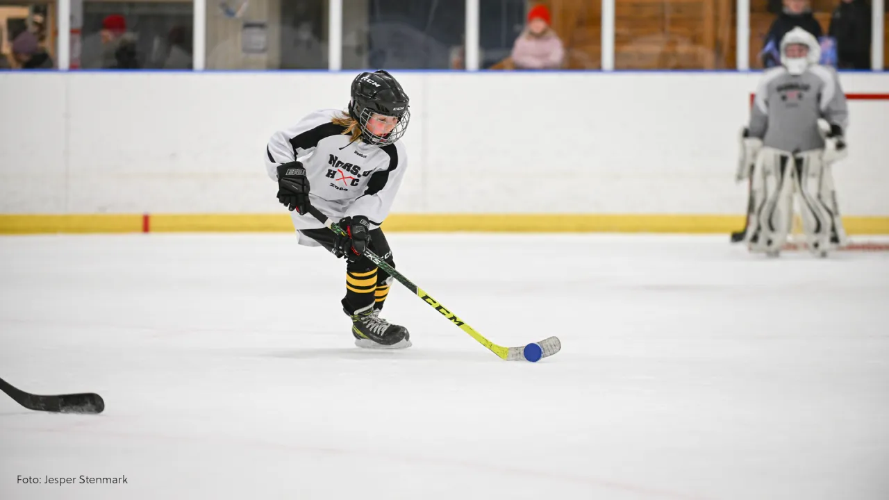 A young player carries the puck on the ice of the Norsjö ice hall during a youth hockey session, with the glazed boards and a goalkeeper behind. — Norsjö Arena Ishall