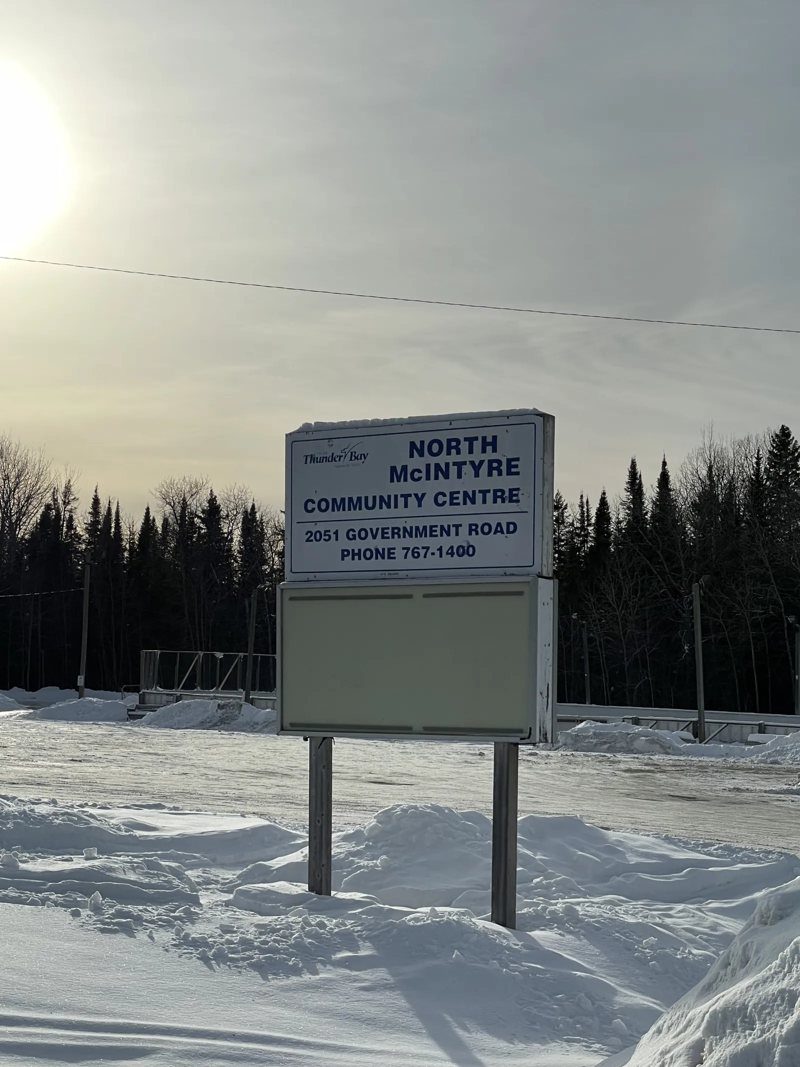 The North McIntyre Community Centre sign at 2051 Government Road — North McIntyre Community Centre Outdoor Rinks