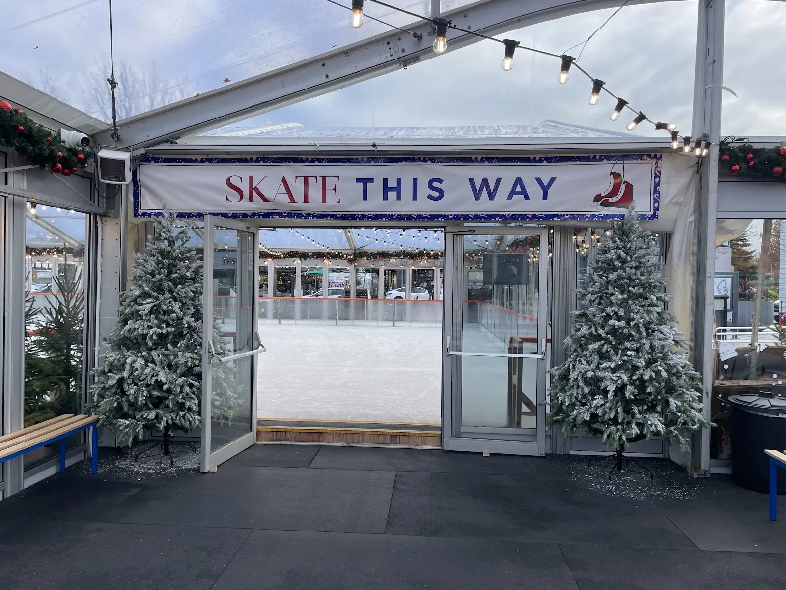 The glass-fronted entrance to the covered Oaks on Ice rink at the Cheshire Oaks Designer Outlet, with a Skate This Way sign and frosted trees either side. — Oaks on Ice (Cheshire Oaks)