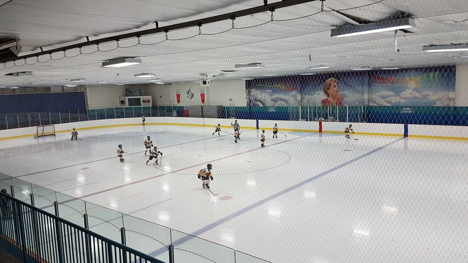Un partido visto por encima del barandal negro, con jugadores repartidos por una pista amplia debajo de una pared con un mural de patinadores a lo largo de las vallas del fondo. — Bob MacQuarrie Recreation Complex – Orléans