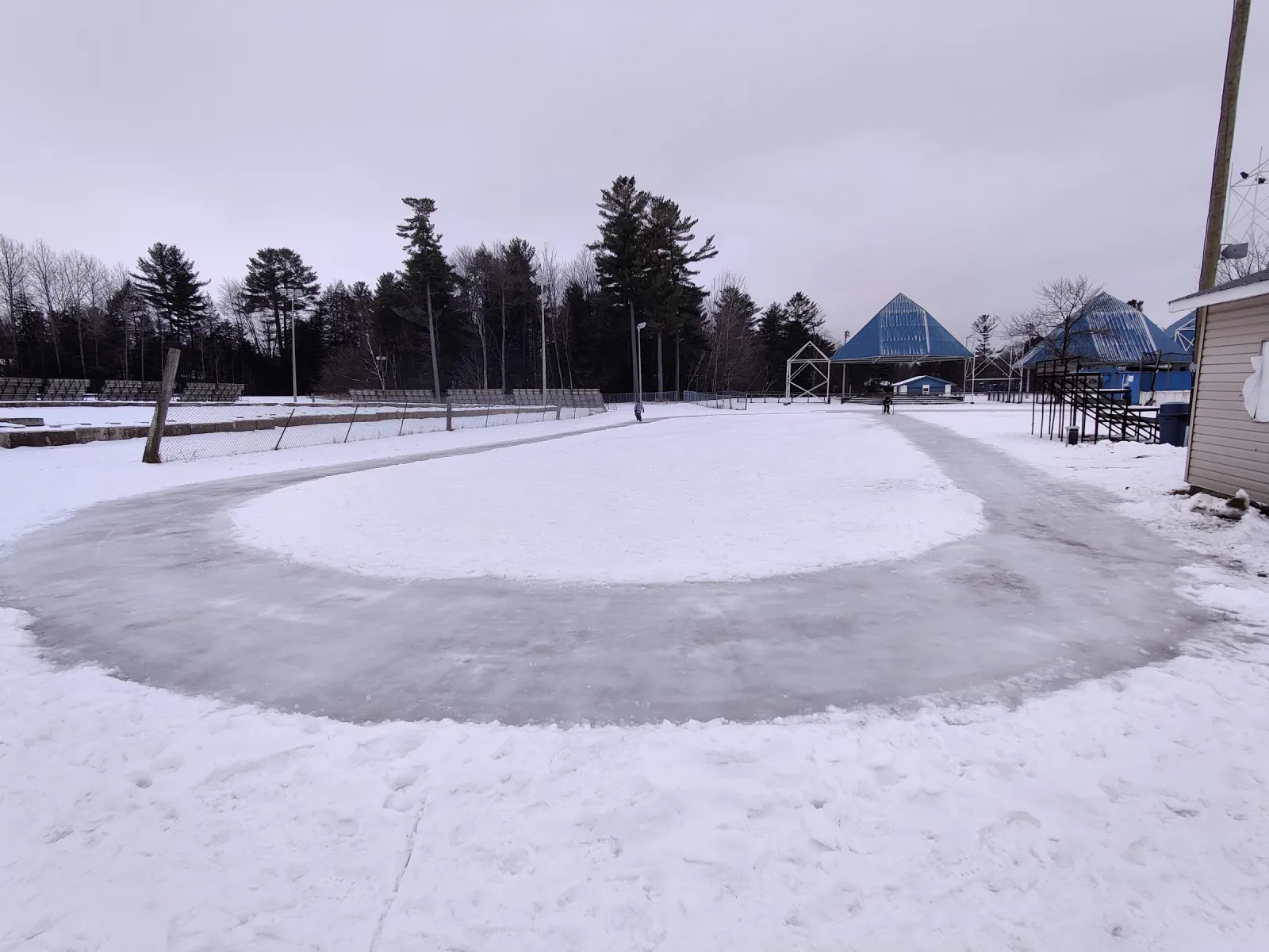The park's outdoor skating loop in winter: a groomed oval of ice around a snowy centre, with pine trees and the fair buildings beyond. — Navan Centennial Park Outdoor Rink