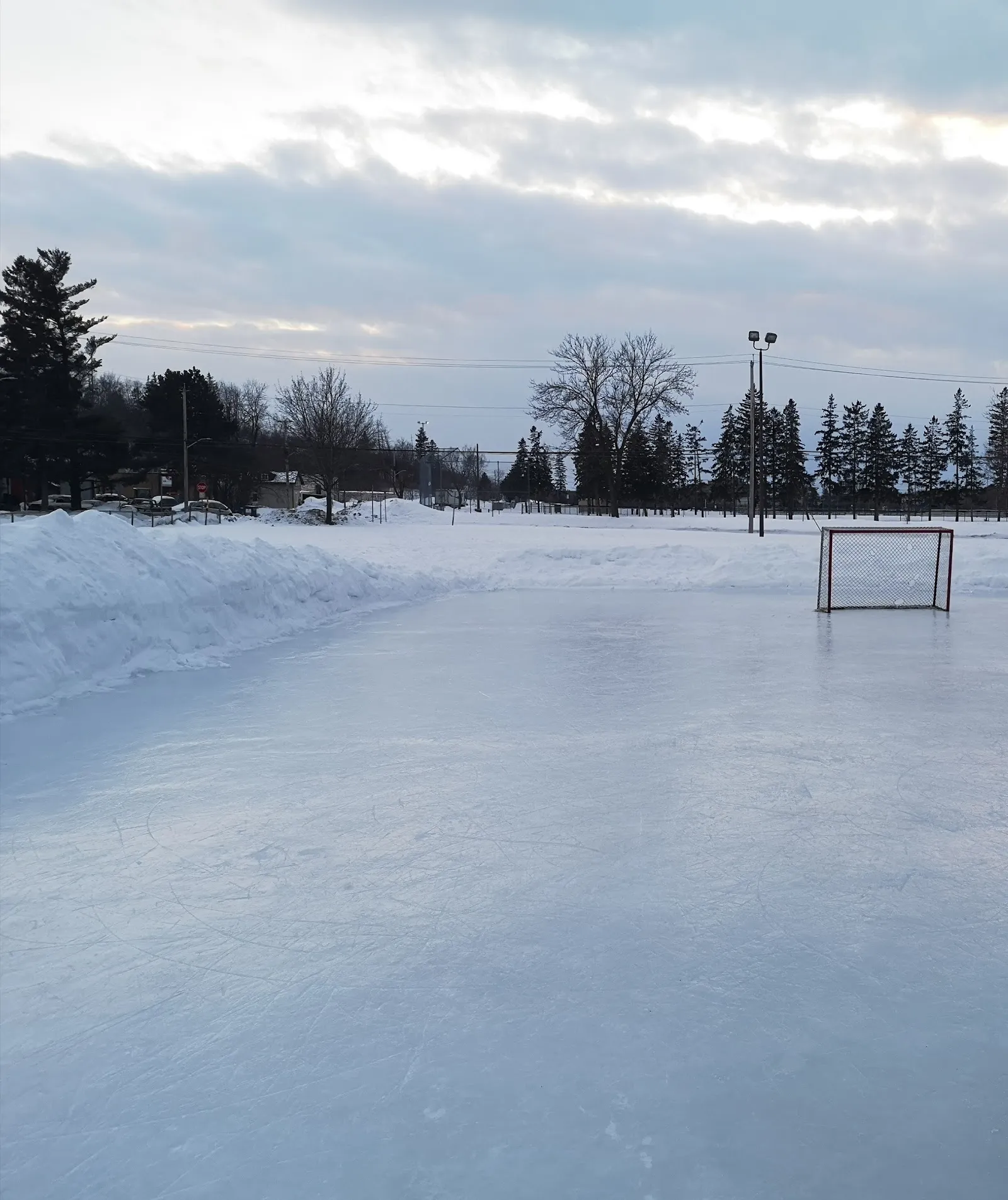 El hielo vacío de la pista exterior de Raven Park bajo un cielo invernal pálido, con una portería de hockey, bancos de nieve a lo largo del borde y reflectores al fondo — Raven Park Outdoor Rink