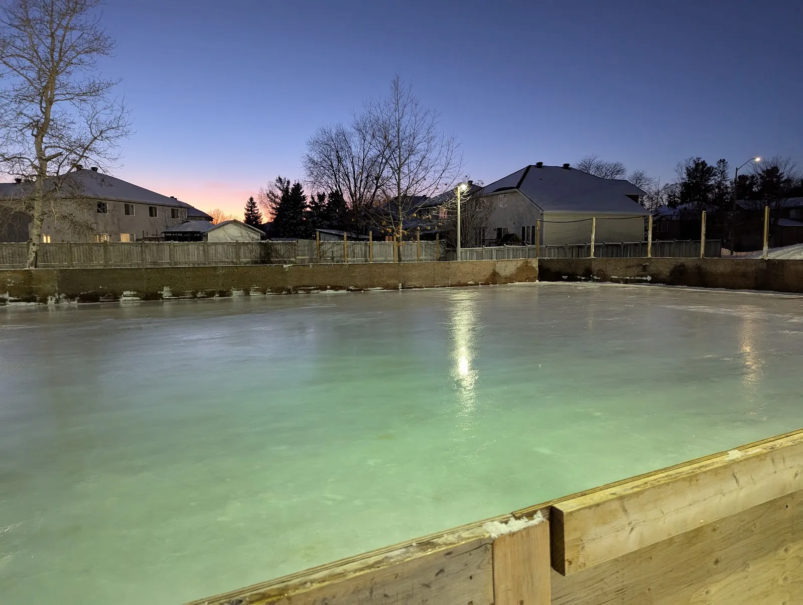 The empty boarded outdoor rink at Ruth Wildgen Park at dusk, with green-lit ice, timber boards and the neighbouring houses and fence beyond — Ruth Wildgen Park Outdoor Rink