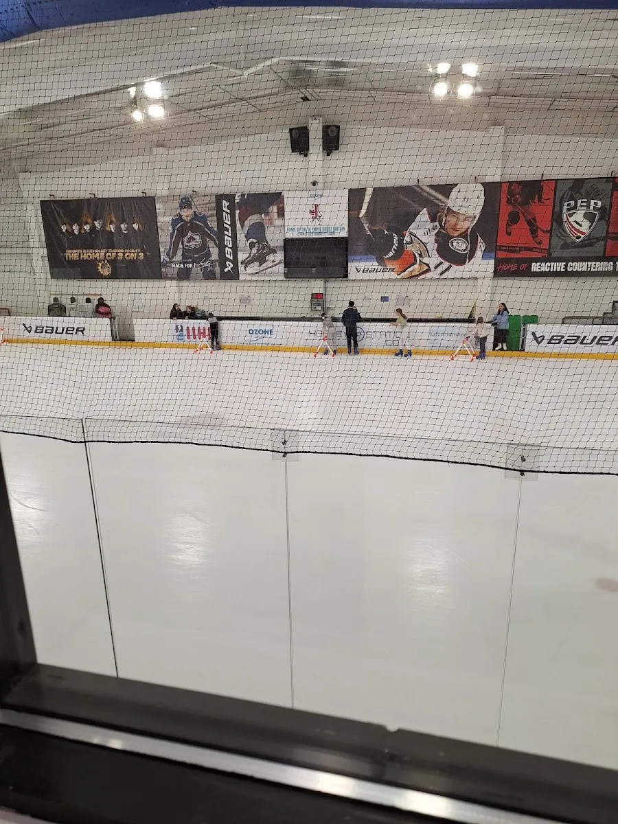 The ice sheet behind safety netting with the long wall of hockey banners and boards, a few skaters at the far side. — Ozone Ice Rink