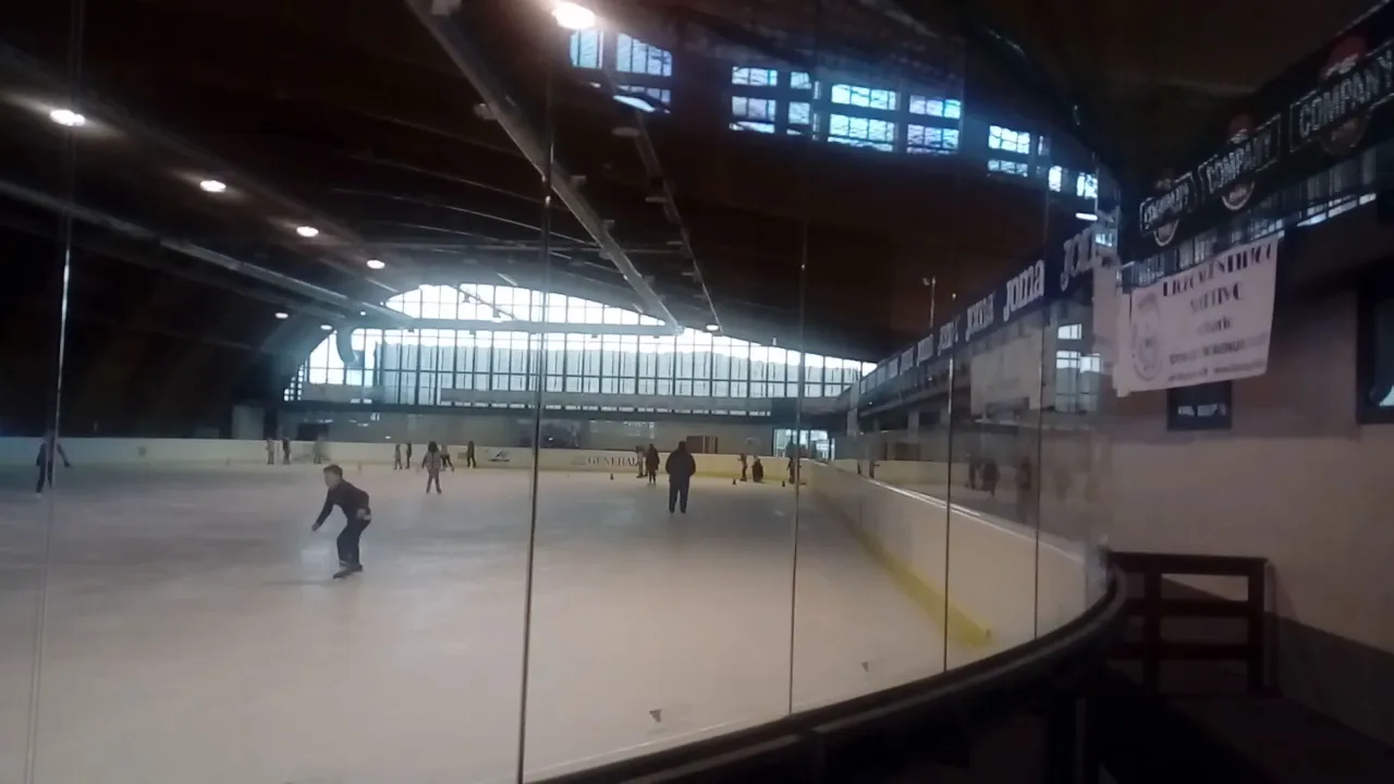 Skaters at a distance on the ice of the covered hall, seen through the glass behind the boards, under the dark timber roof with the high side windows. — Palaghiaccio Plebiscito Padova