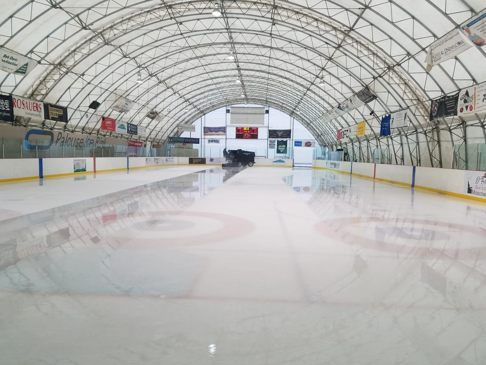 The rink's single full-size sheet under its arched roof, seen from the boards. — Palouse Ice Rink