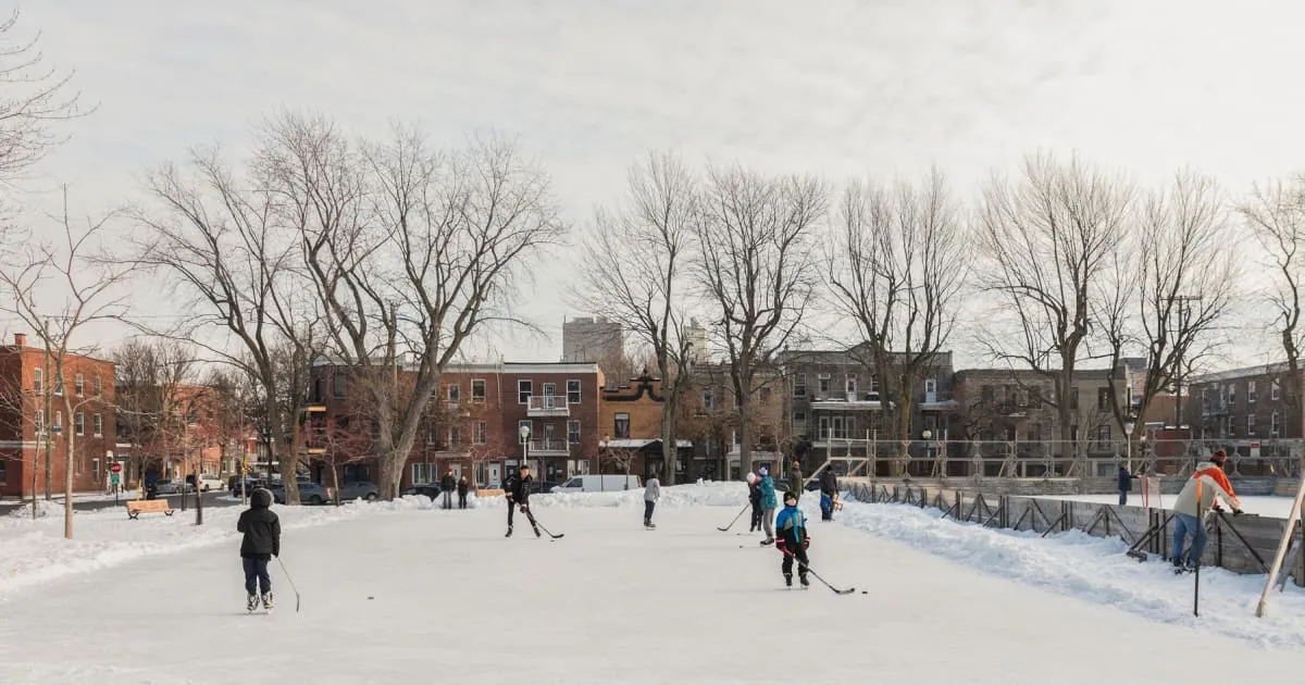 Patinadores y jugadores de hockey en la pista al aire libre de Parc de Saint-Aloysius, con árboles sin hojas y dúplex de Montréal detrás (foto de la Ciudad de Montréal) — Parc de Saint-Aloysius Outdoor Rinks