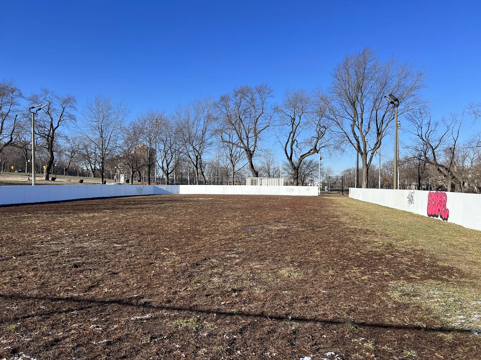 The boarded rink pad at Parc Jeanne-Mance in autumn before the ice is made, white boards along the field with bare trees behind — Parc Jeanne-Mance Outdoor Rinks