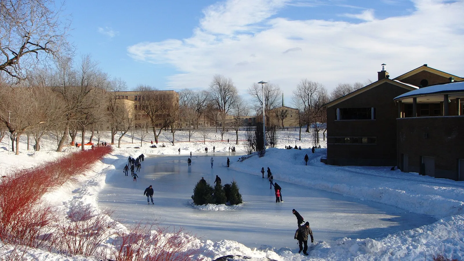 The pond rink at Parc La Fontaine in winter with skaters on the ice, a small island of conifers and the park building behind — Parc La Fontaine Outdoor Rinks
