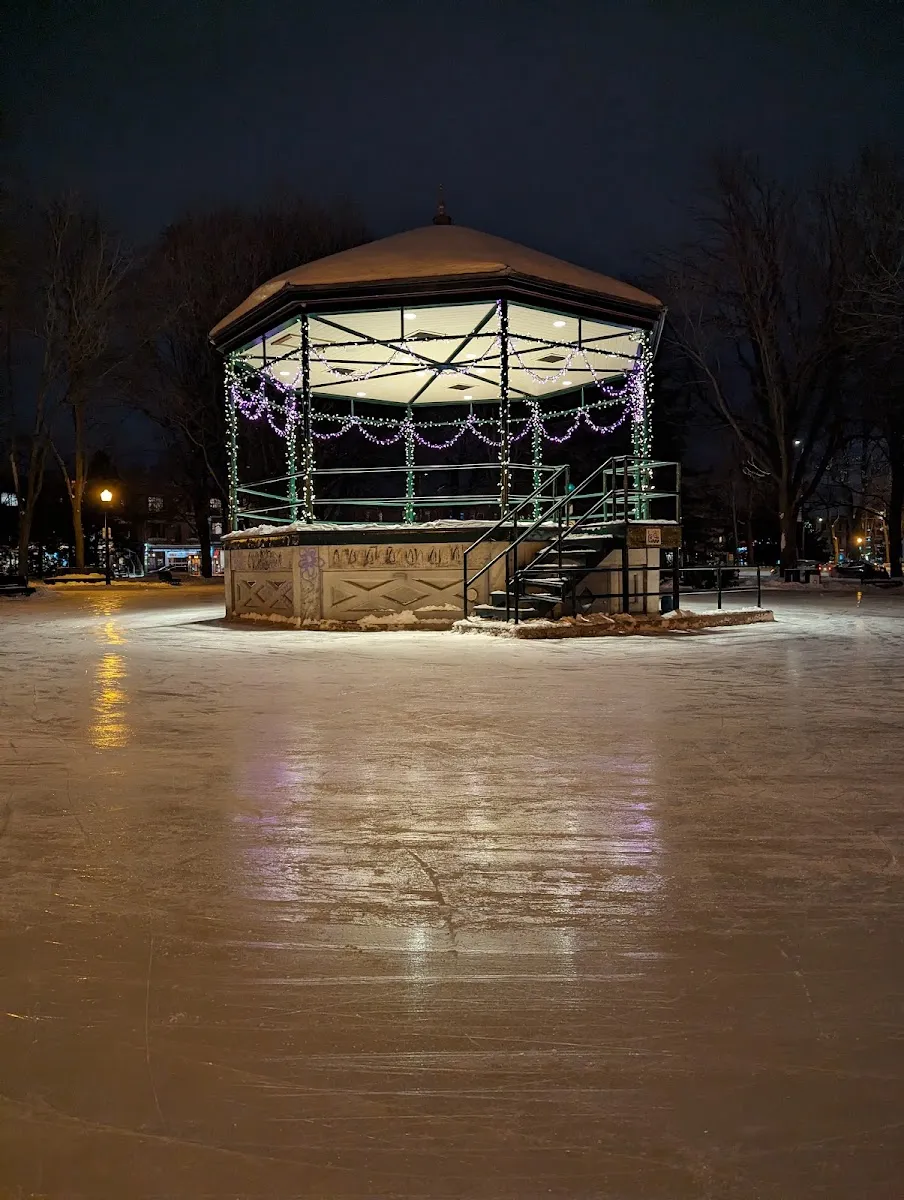 Une glace lisse en plein air au parc Molson la nuit, la surface glacée contournant le kiosque du parc orné de guirlandes lumineuses, sans personne en vue — Parc Molson Outdoor Rink
