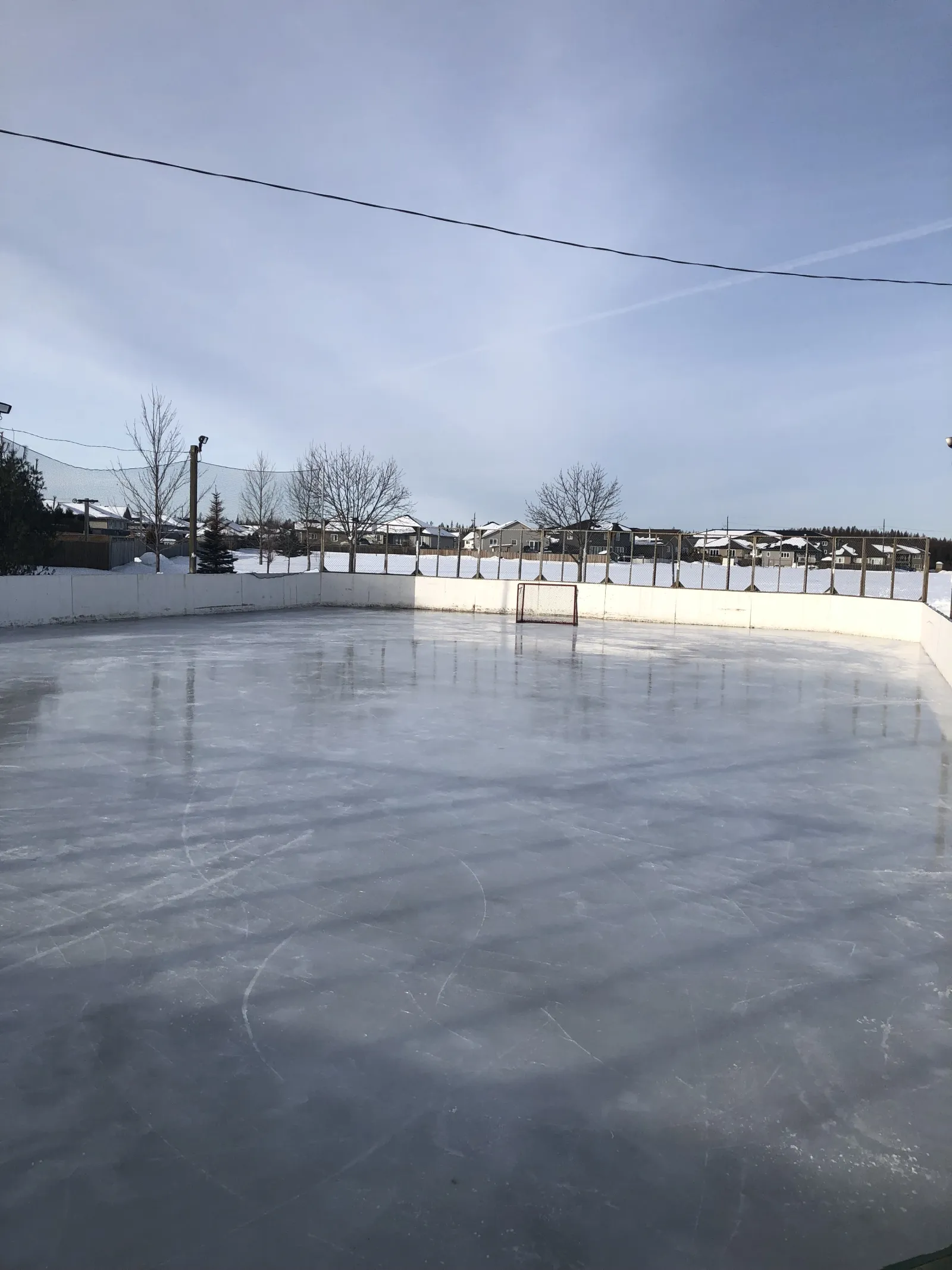 The Parkdale Park boarded rink with a goal at the far end — Parkdale Park Outdoor Rink