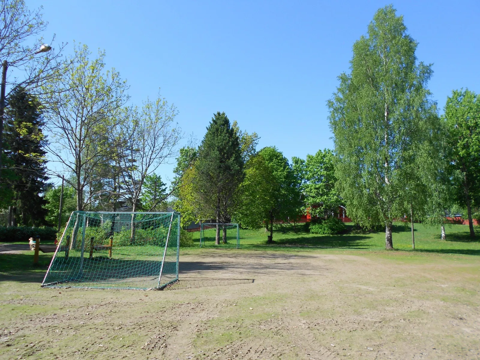 The sand field at Pappilanmäki that is frozen for skating in winter, seen in summer with a goal on the grass and birch trees behind. — Pastori Virenin luistelukenttä