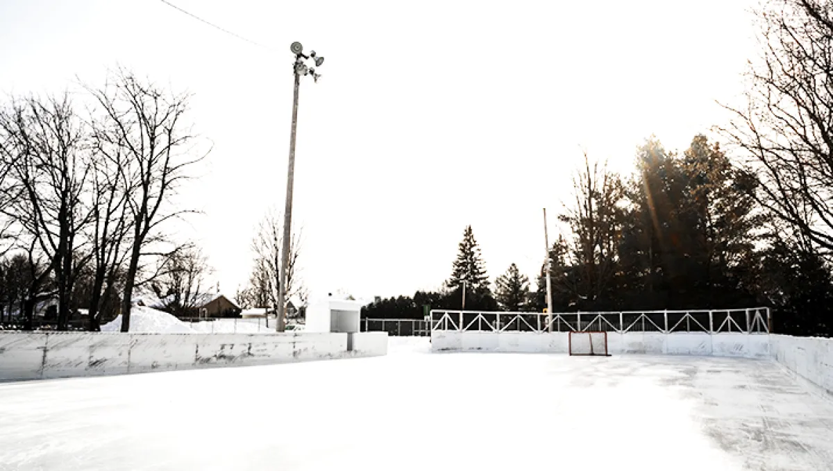 The Patinoire des Saules in Mascouche in winter: a snow-dusted outdoor rink with low white boards, a goal at the far end, a floodlight mast and bare trees against a bright sky. — Patinoire des Saules (Mascouche)