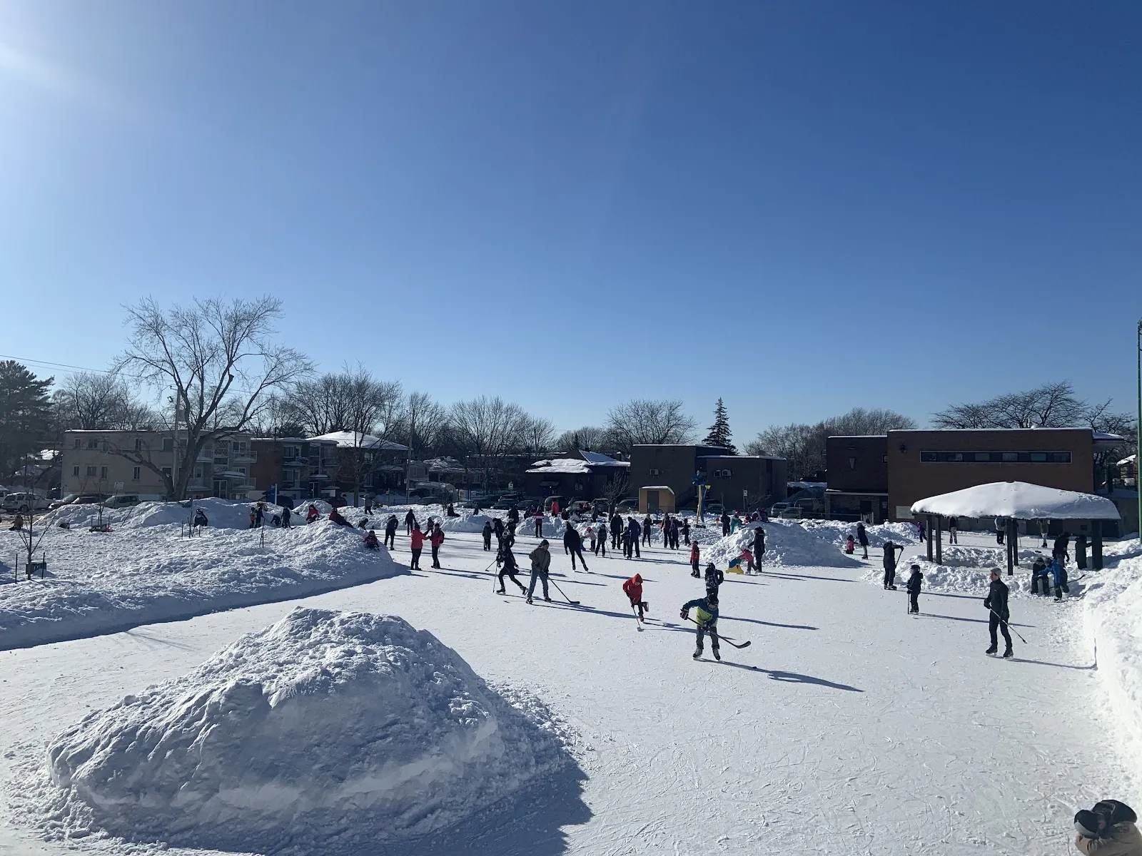 Skaters spread across the open-air rink at Parc Armand-Racicot on a bright winter day with a pavilion and snowbanks beside it. — Patinoire du parc Armand-Racicot (Longueuil)