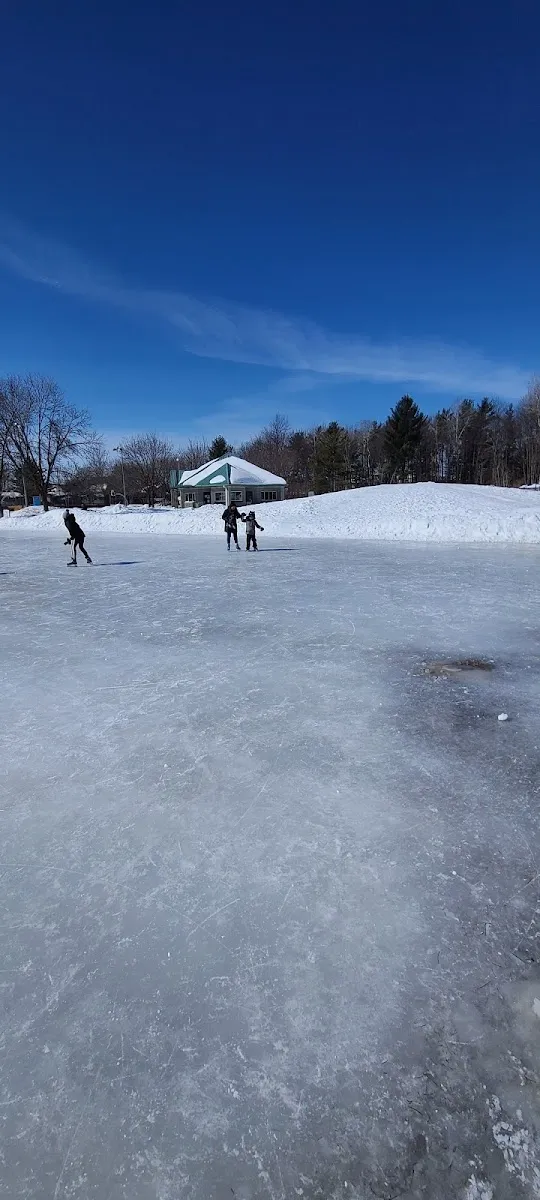 Skaters at a distance on the ice of the Chante-Bois park rink in Blainville on a sunny winter day, with the park chalet and snowbanks behind — Patinoire du parc Chante-Bois