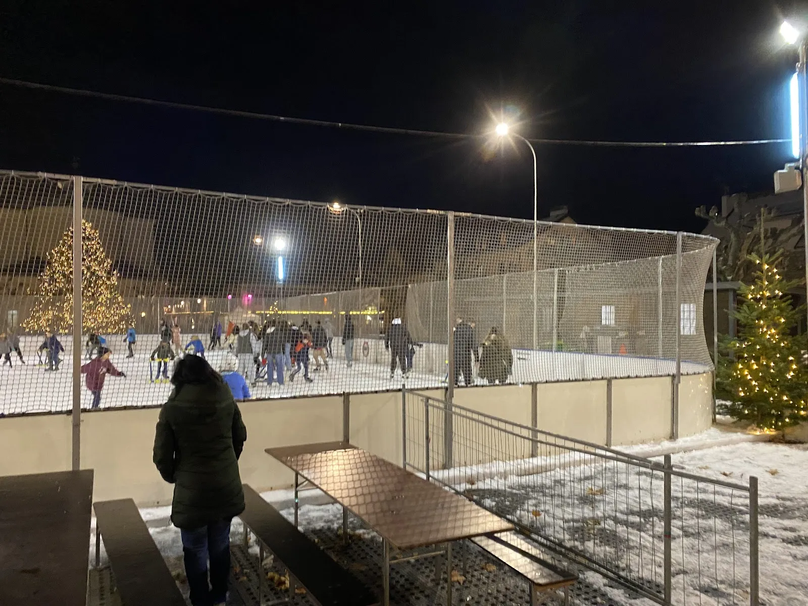 The open-air Carouge rink on the Place de Sardaigne at night, seen over the safety netting with the lit Christmas tree and skaters on the ice — Patinoire hivernale de Carouge