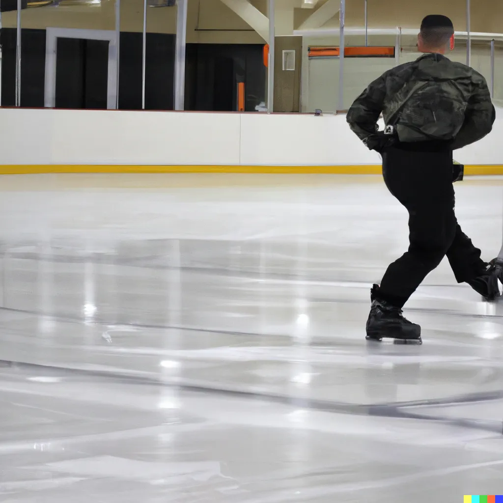 The indoor ice surface of the Langueux rink, clean and empty apart from one adult skater at the right edge. — Patinoire de Langueux