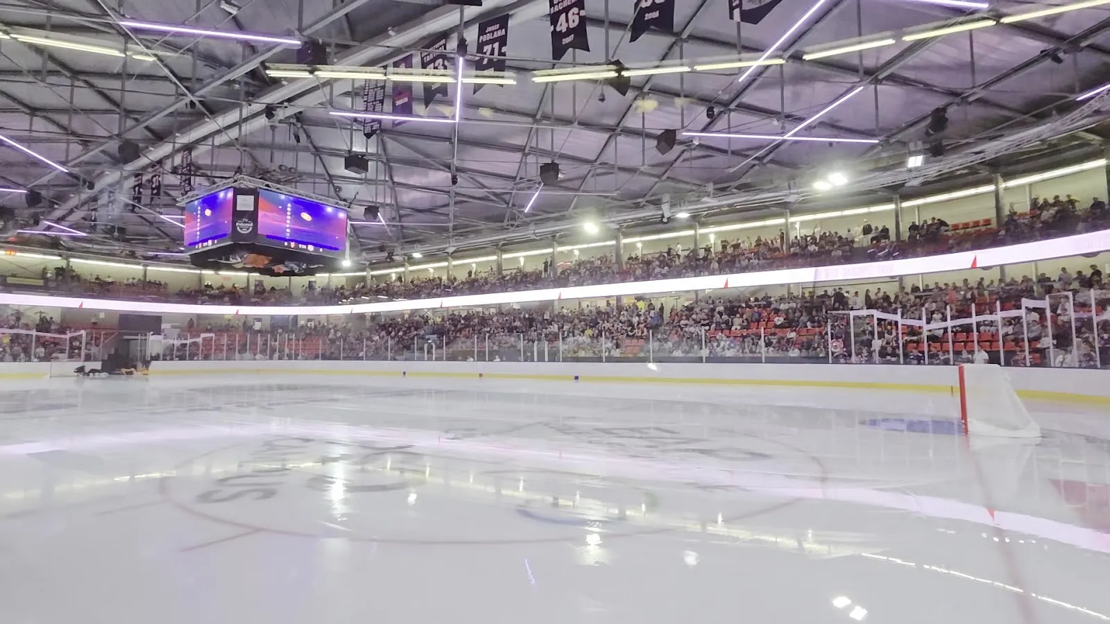 The empty ice of Polesud's sports rink with the banked stands and scoreboard behind — Patinoire Polesud