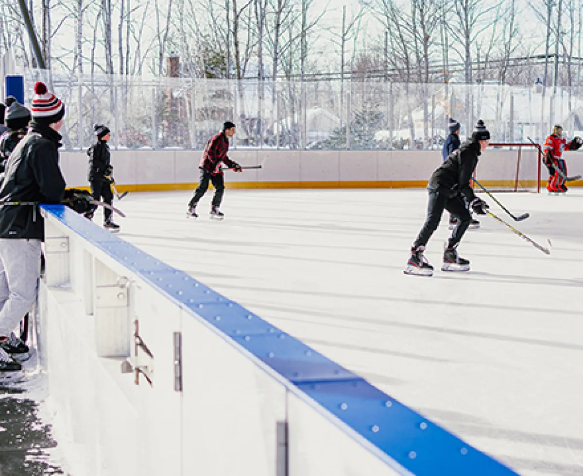 Players skating and shooting at the boarded outdoor rink at Boischatel, with clear ice, blue-capped boards and bare trees behind. — Patinoires du Domaine du boisé (Boischatel)