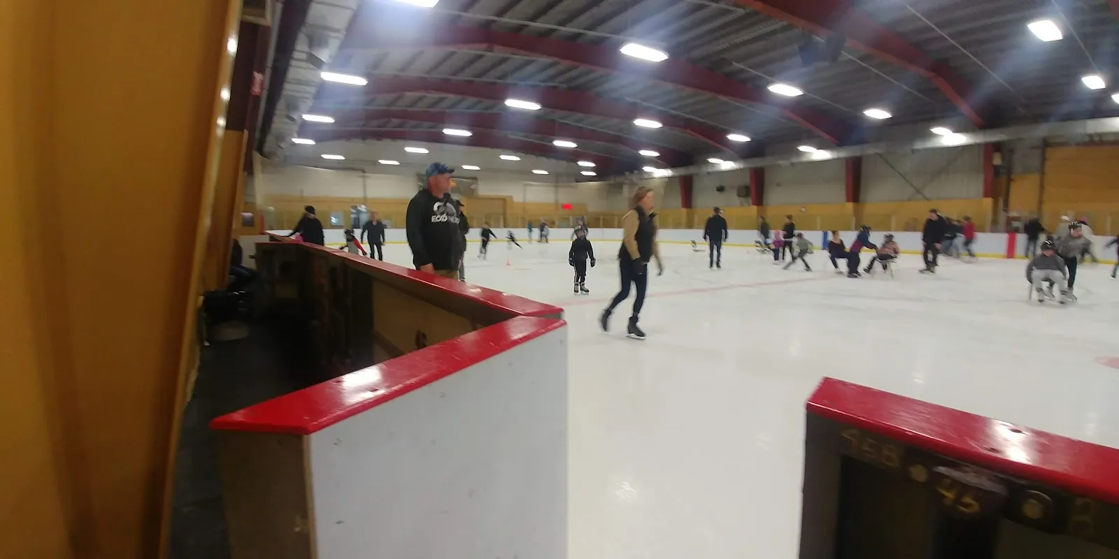 Un patinage libre à l'aréna du pavillon de l'Agriculture, vu le long des bandes, avec des patineurs répartis sur la glace sous la toiture à fermes de bois. — Pavillon de l'Agriculture