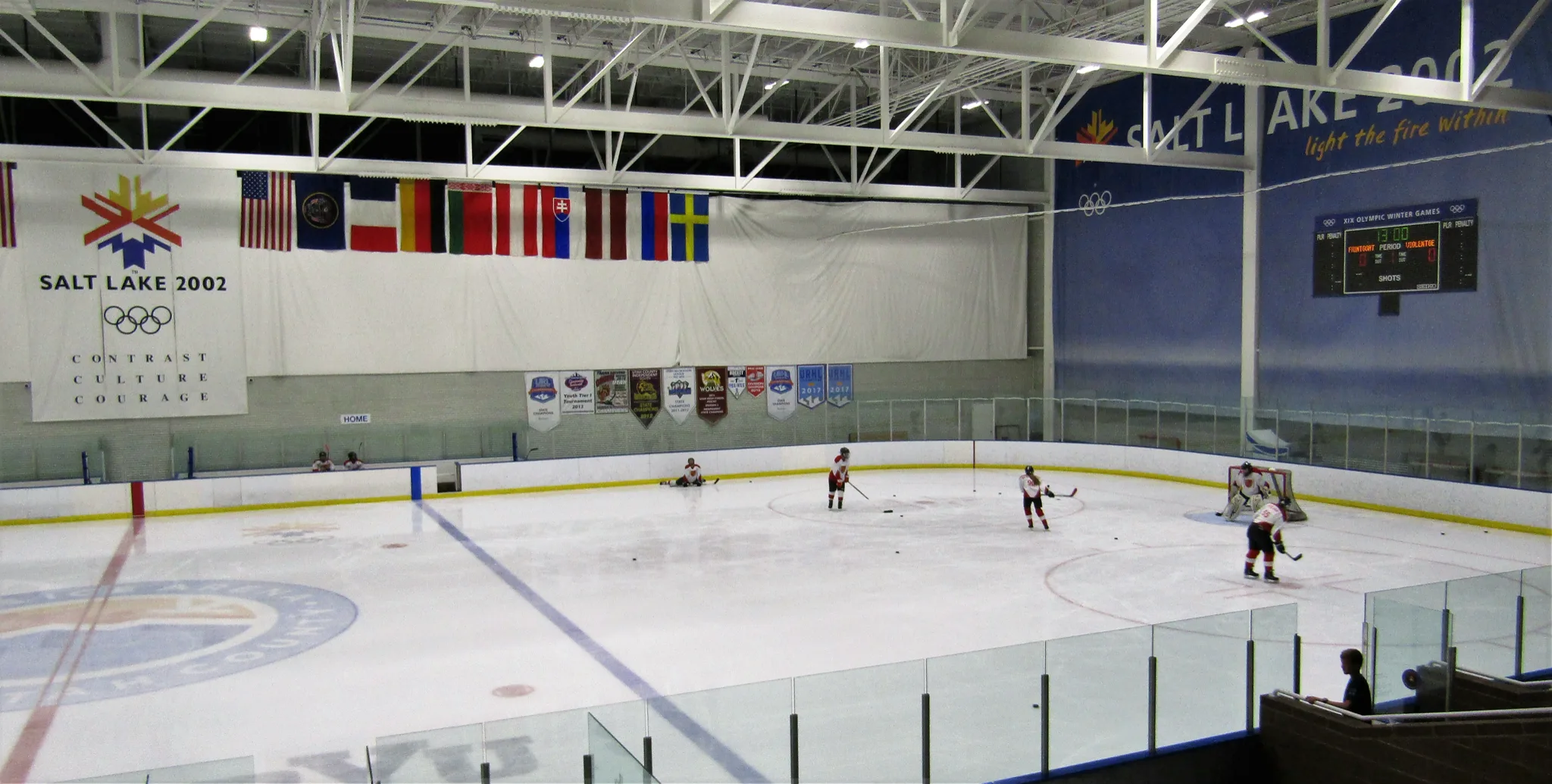 Olympic-size sheet at Peaks Ice Arena viewed from above the boards — Provo City Peaks Ice Arena