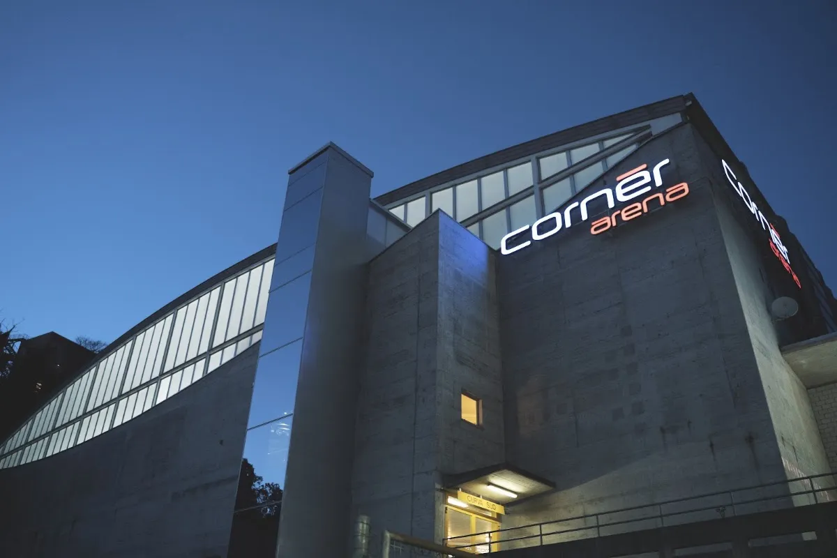 The Cornèr Arena, home of the Pista ghiaccio Resega, at dusk — Pista del ghiaccio Resega