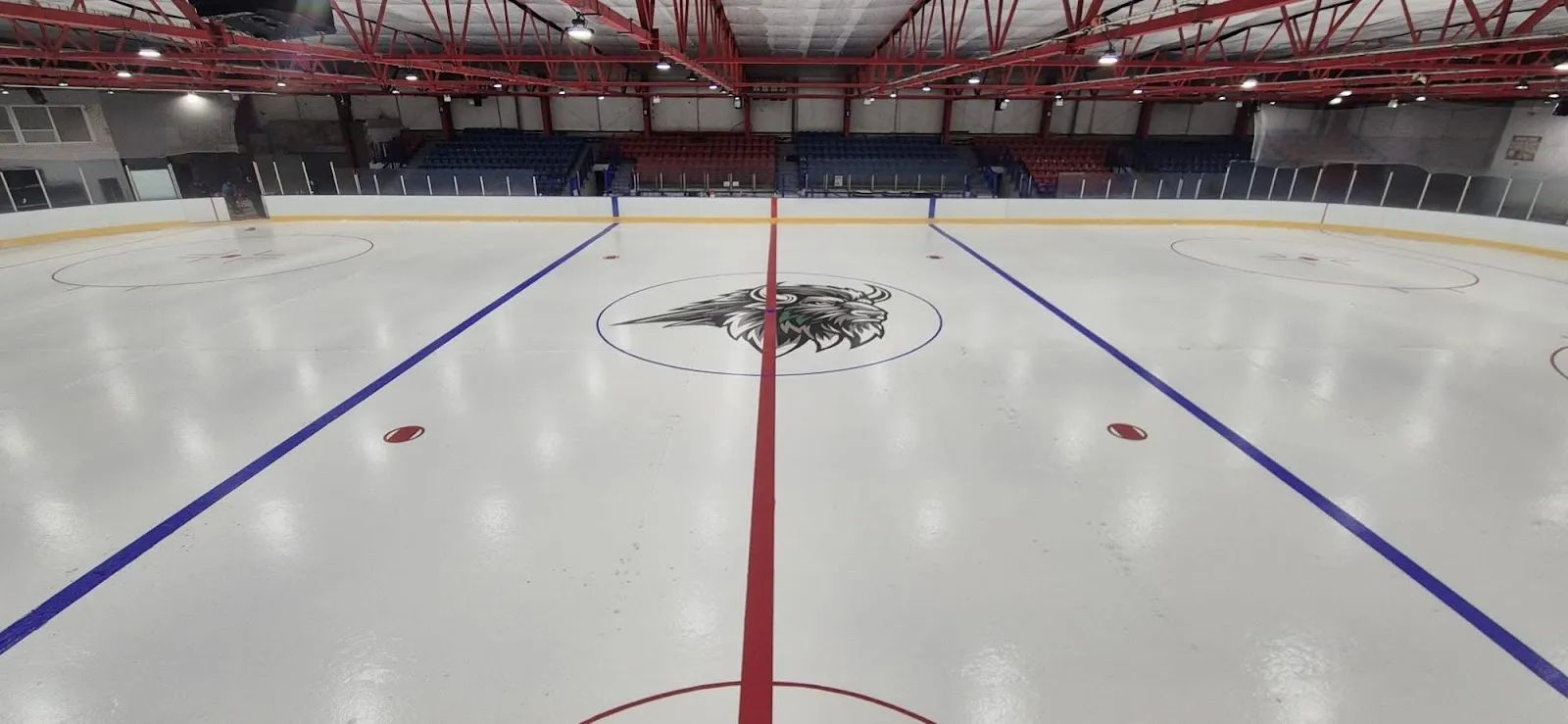 Empty, freshly resurfaced ice with the Bison logo at centre ice, the blue lines and the stands and steel roof trusses behind. — Planet Ice Basingstoke