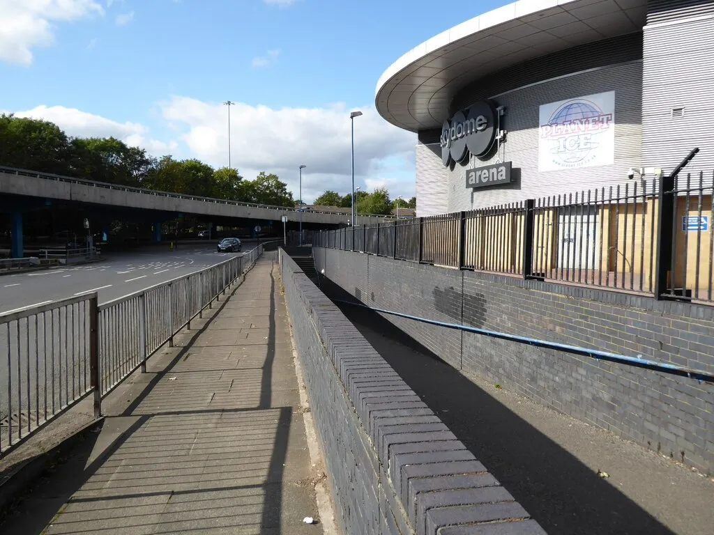 The Skydome Arena sign over the raised concourse beside the Coventry ring road; the Planet Ice rink is inside the arena. — Planet Ice Coventry