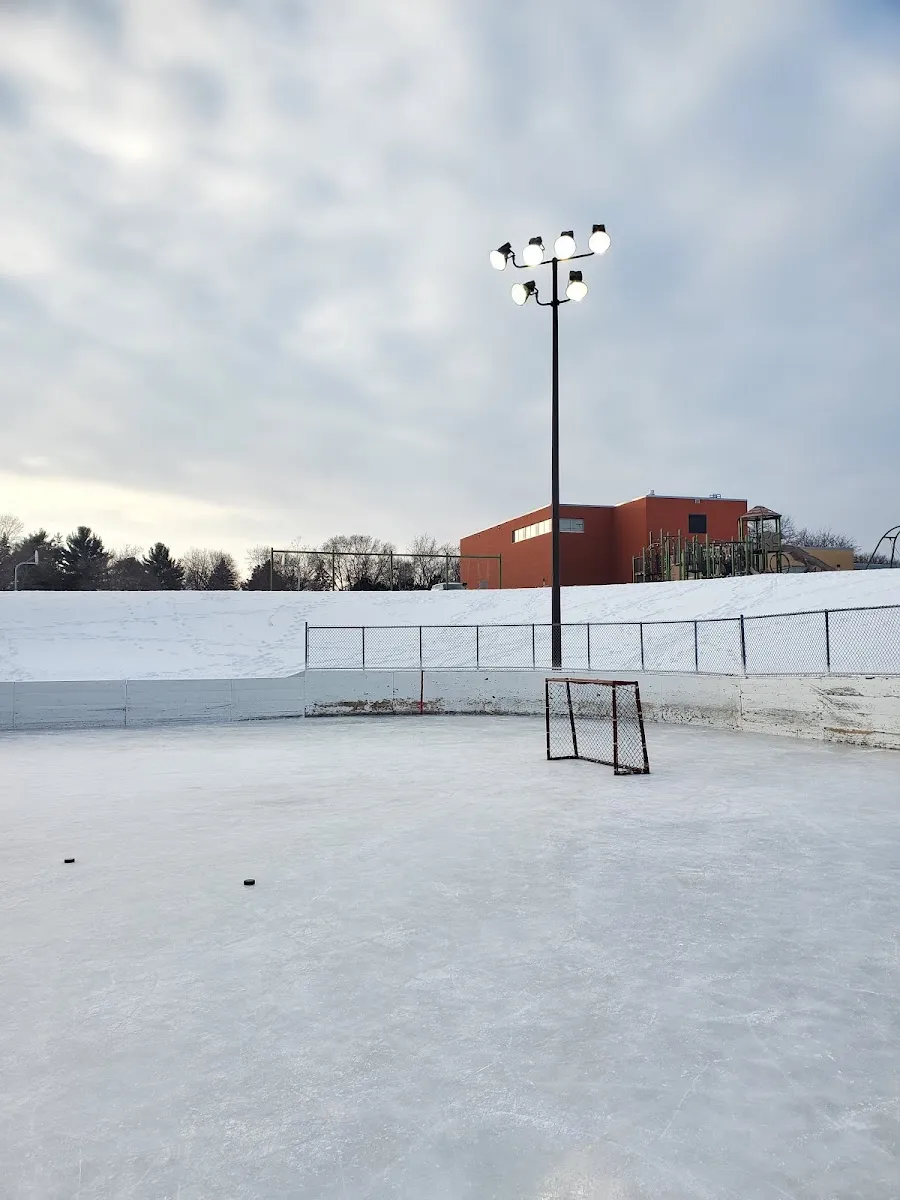 The Poplar Bridge Park outdoor hockey and skating rink, Bloomington, with boards, net and rink lights (Google Maps listing photo) — Poplar Bridge Park Outdoor Rink
