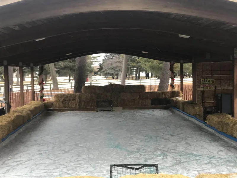 The ice surface inside the Port Austin covered rink: a flat sheet under the timber roof with straw bales along the edge and a goal at the end. — Port Austin Covered Outdoor Ice Rink