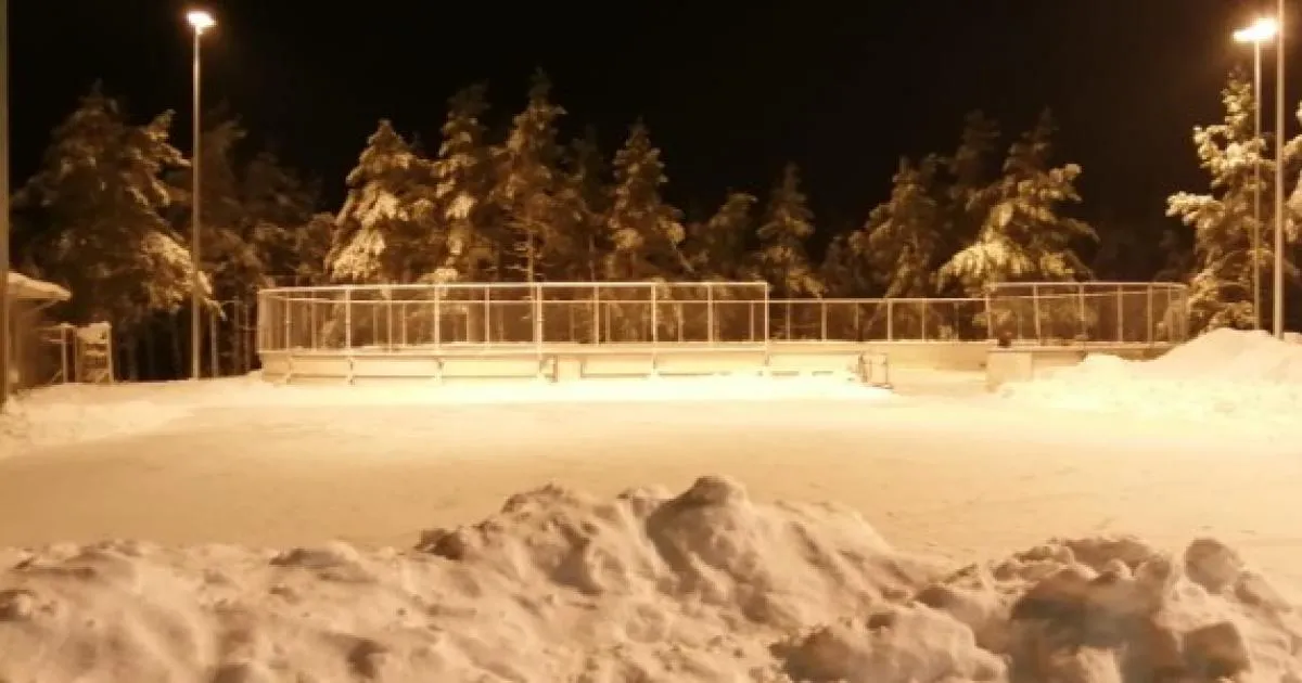 The Pyhämaa village skating fields at night: a floodlit fenced rink behind a snowbank, ringed by snow-covered spruce trees. — Pyhämaan kirkonkylän luistelukentät