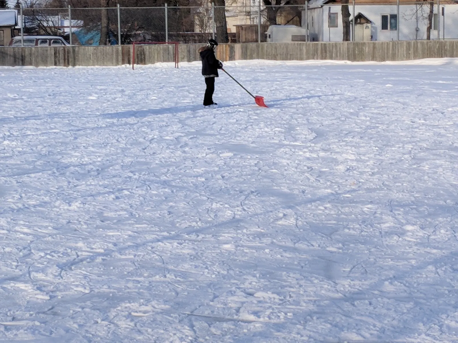 Una persona despejando nieve del hielo de la pista al aire libre de Ralph Brown en invierno — Ralph Brown Community Centre Skating Rink