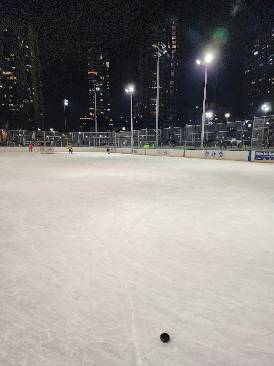 La pista de Regent Park South, iluminada y con bardas, de noche, con un puck sobre el hielo, algunos jugadores a lo lejos junto a las bardas y torres de departamentos al fondo — Regent Park Athletic Grounds Outdoor Ice Rink