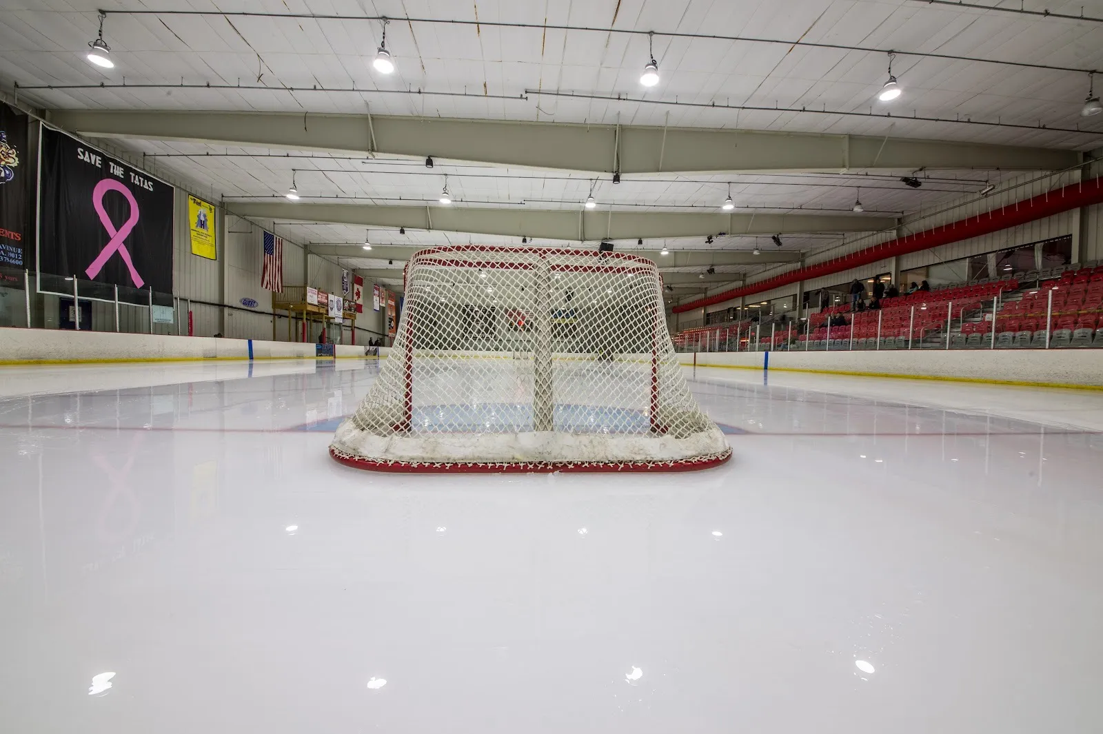 The empty Revolution Ice Gardens sheet at ice level behind a goal net, with red stadium seating on the right and banners on the far wall — Revolution Ice Garden