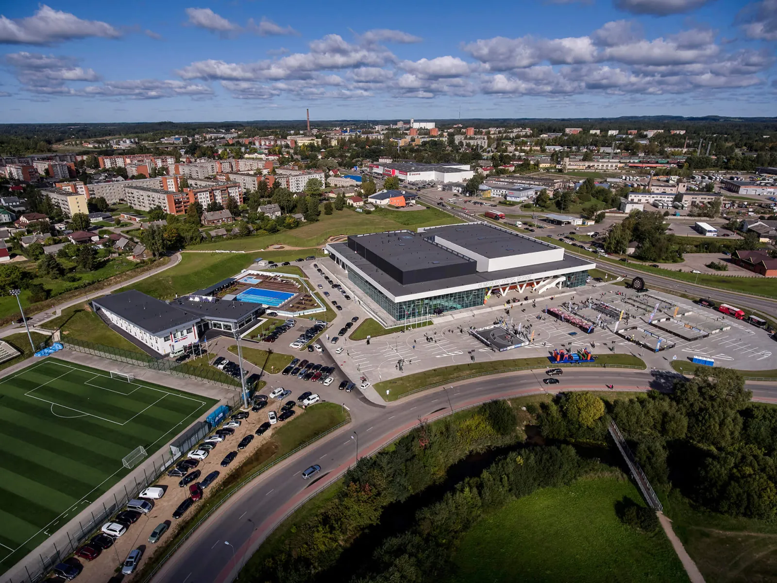 Aerial view of the Rēzekne Olympic Centre with its multifunctional arena — Rēzeknes Olimpiskā centra ledus halle