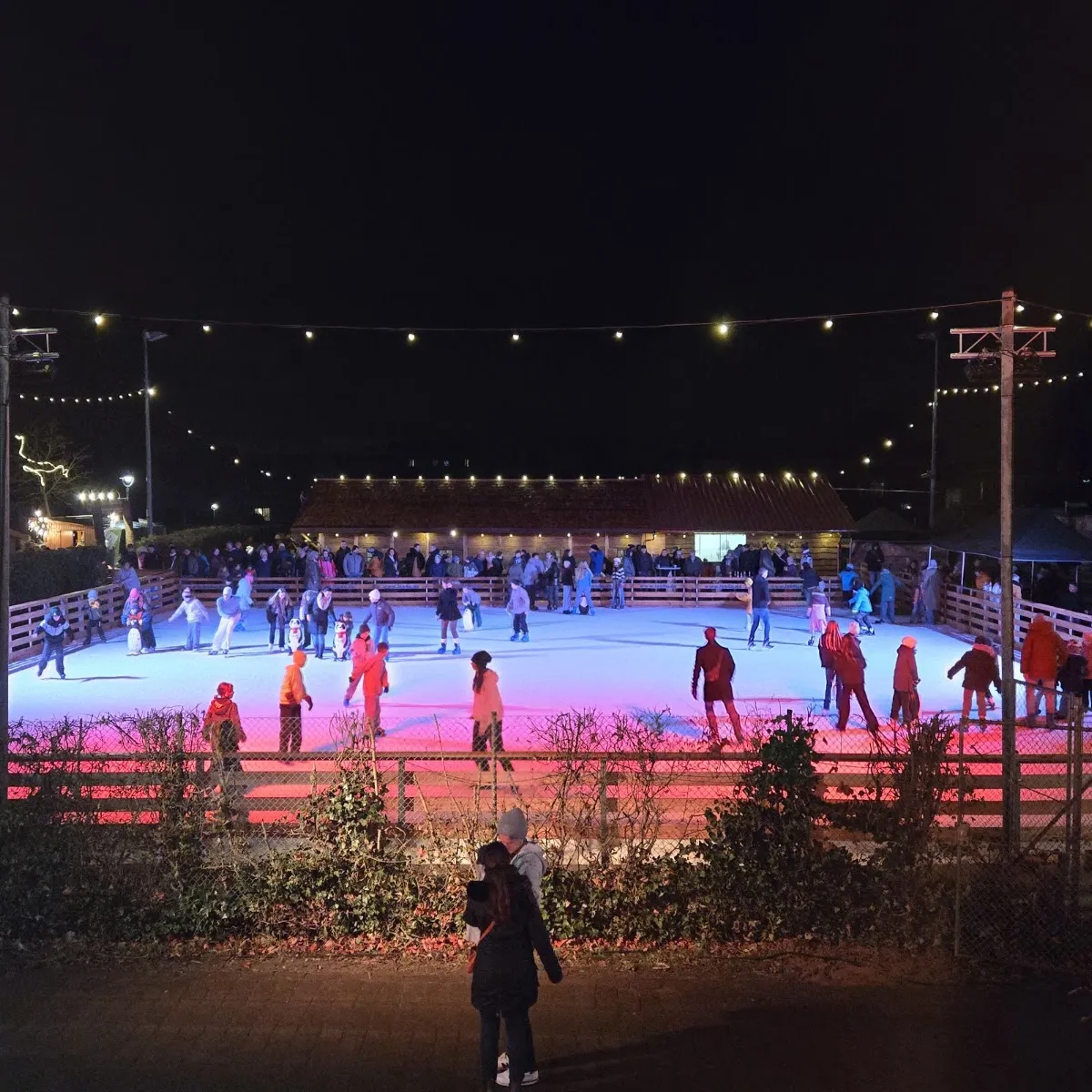 Die Freiluft-Eisbahn bei Nacht in rotem und blauem Licht, mit Läufern auf dem Eis, einer Lichterkette darüber und der Holzhütte an der gegenüberliegenden Seite. – RIEDS Winterwelt Echteis-Eisbahn Roßdorf