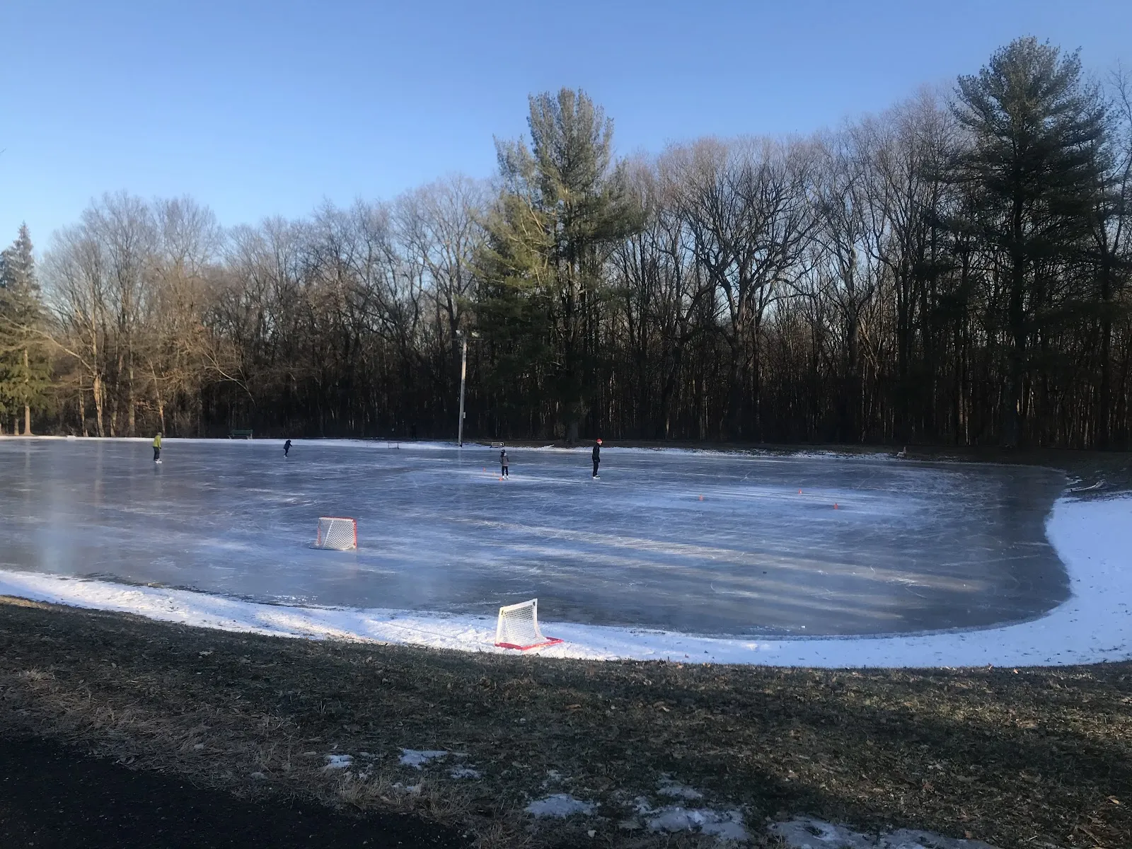 The frozen Rosedale pond with portable goals and a few skaters at a distance — Rosedale Skating Pond