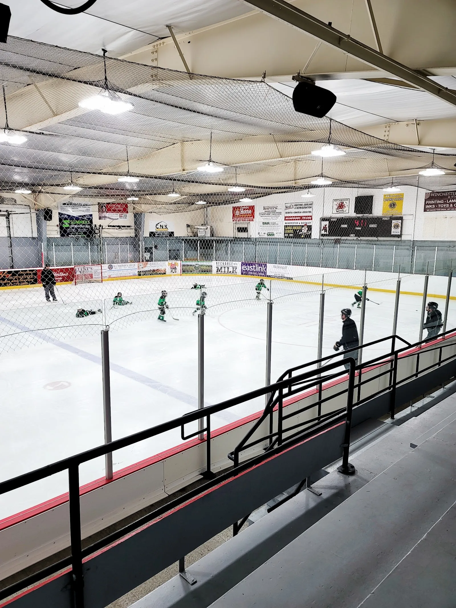 Una vista amplia desde la rampa de observación de la pista, con patinadores repartidos por el hielo blanco bajo un techo abovedado con banderines del club en la pared del fondo. — Sam Ault Arena (Winchester)