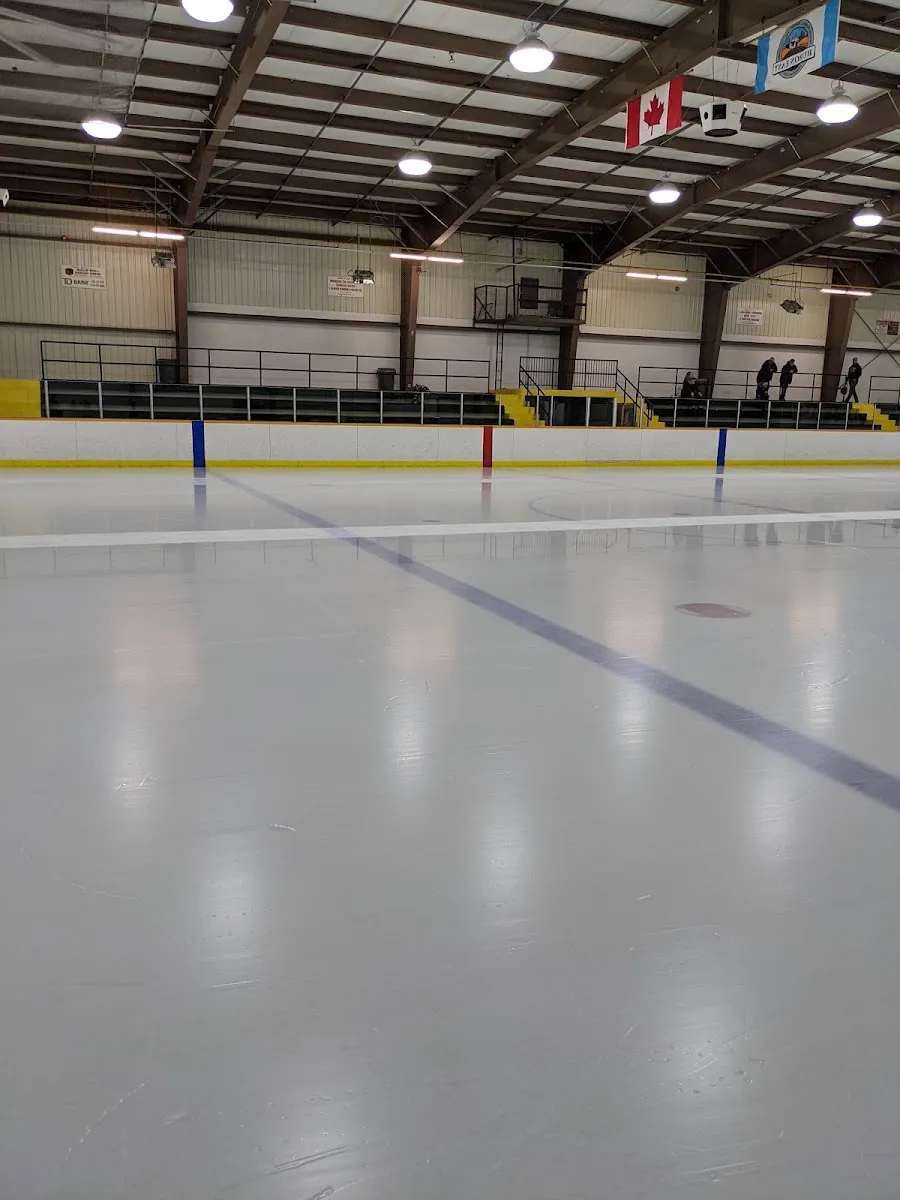 The empty Seaforth ice under the steel roof, with the Canadian flag and the viewing area along the far side. — Seaforth & District Community Centre