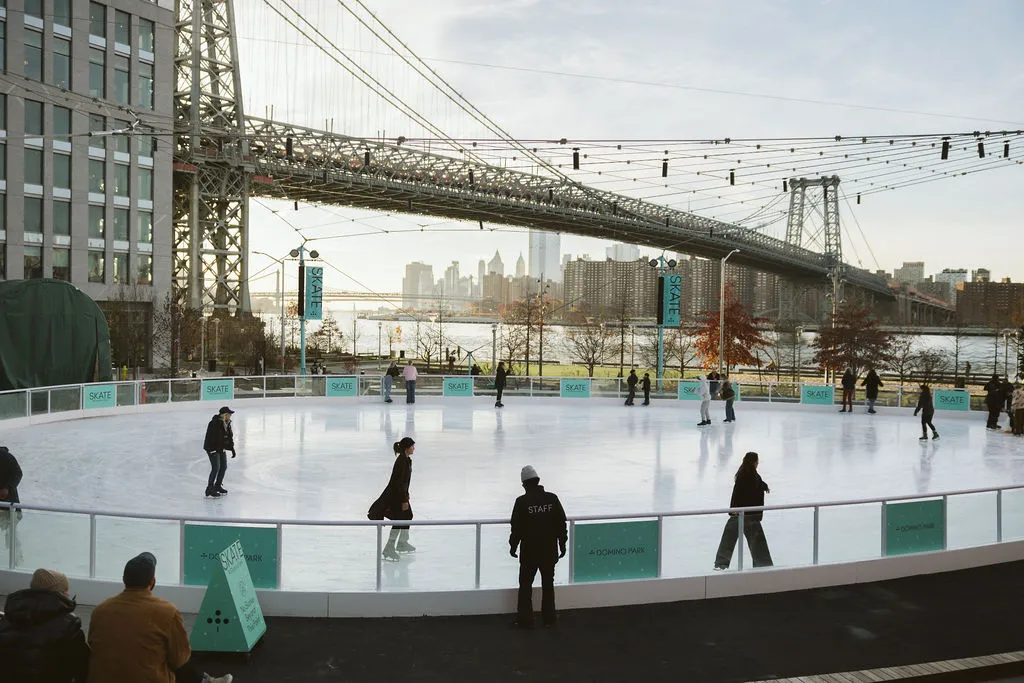La pista Skate at Domino Park con el puente de Williamsburg detrás (foto del listado de Google Maps) — Skate at Domino Park