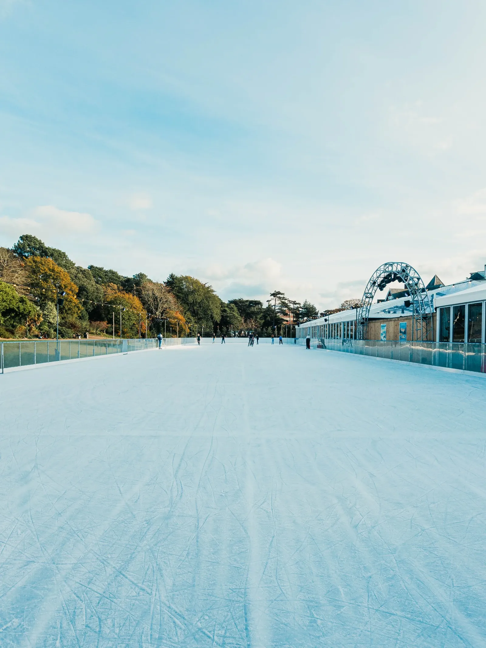 The 70 m rink in Bournemouth's Lower Gardens with the skate-hire marquee at the far end (the operator's photo) — SKATE Bournemouth (Lower Gardens)