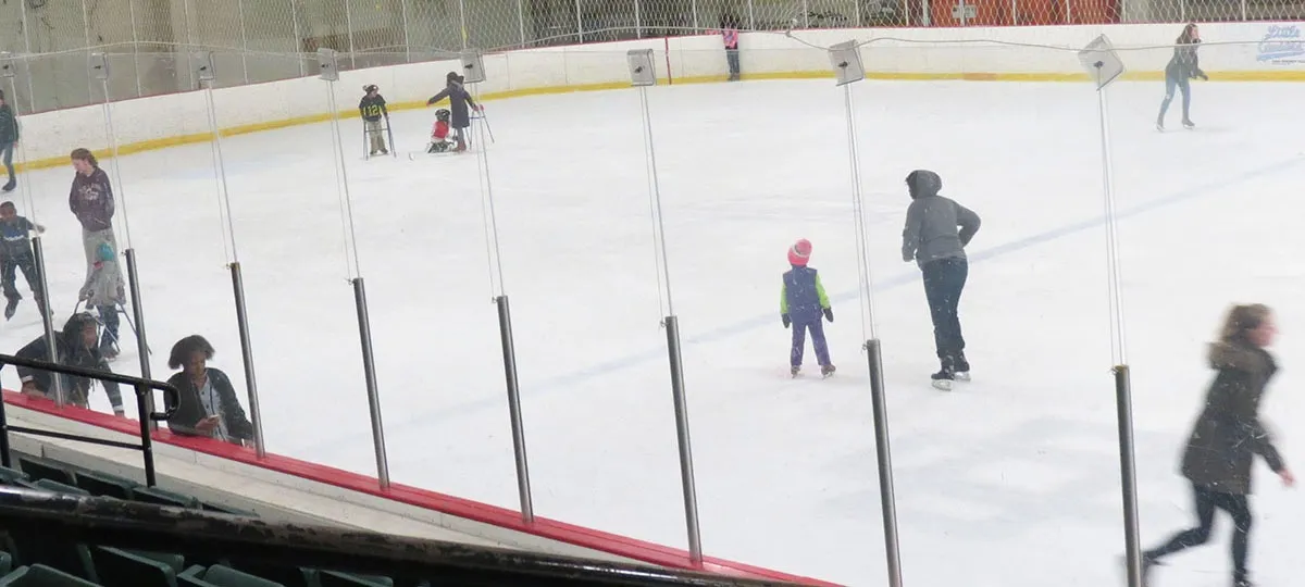 Patinadores repartidos por el hielo más allá de un panel de vidrio, con un nivel de asientos que cruza la parte inferior derecha. — Southfield Sports Arena
