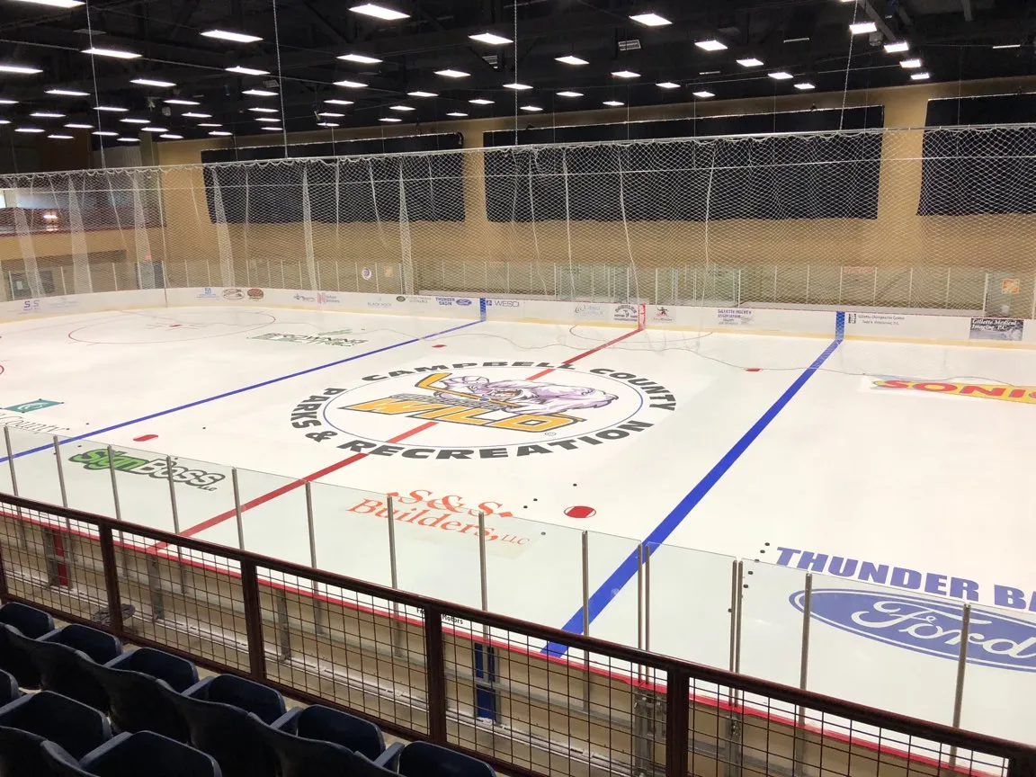 The NHL-size sheet at Spirit Hall Ice Arena, with the Campbell County Parks and Recreation logo at centre ice — Spirit Hall Ice Arena