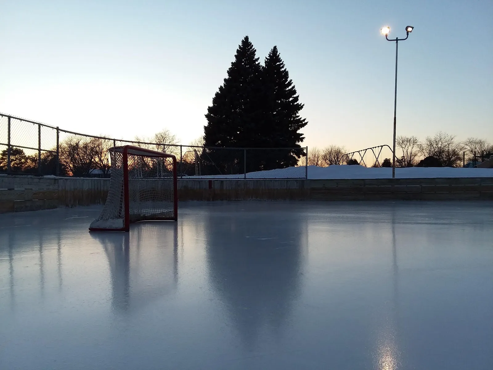 The flooded rink at dusk with a goal and a light pole, no people on the ice — Strachauer Park Ice Rinks