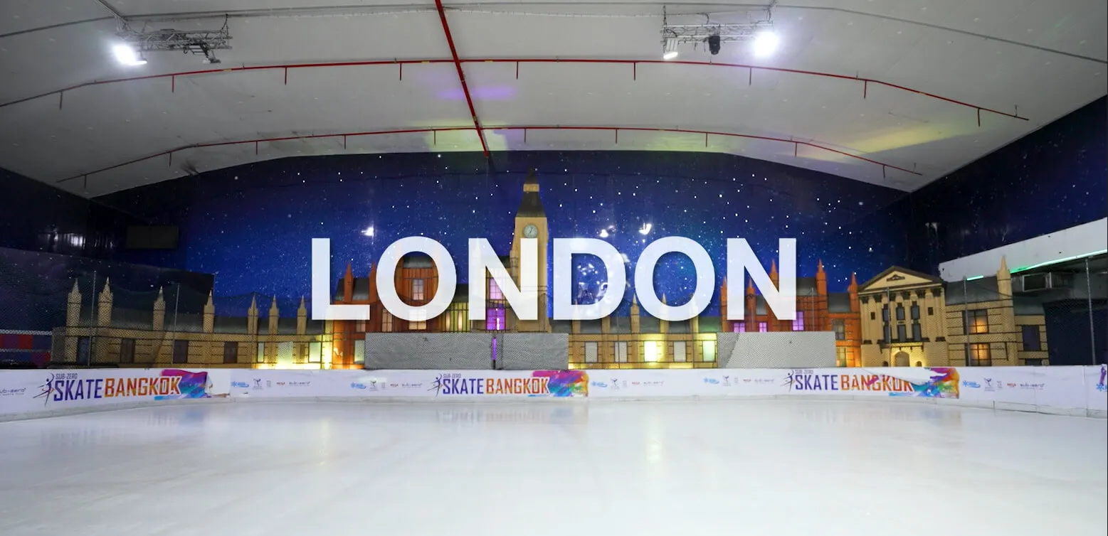 The empty sheet at Mega Bangna in front of its London-themed painted backdrop. — Sub-Zero Ice Skate Club Mega Bangna