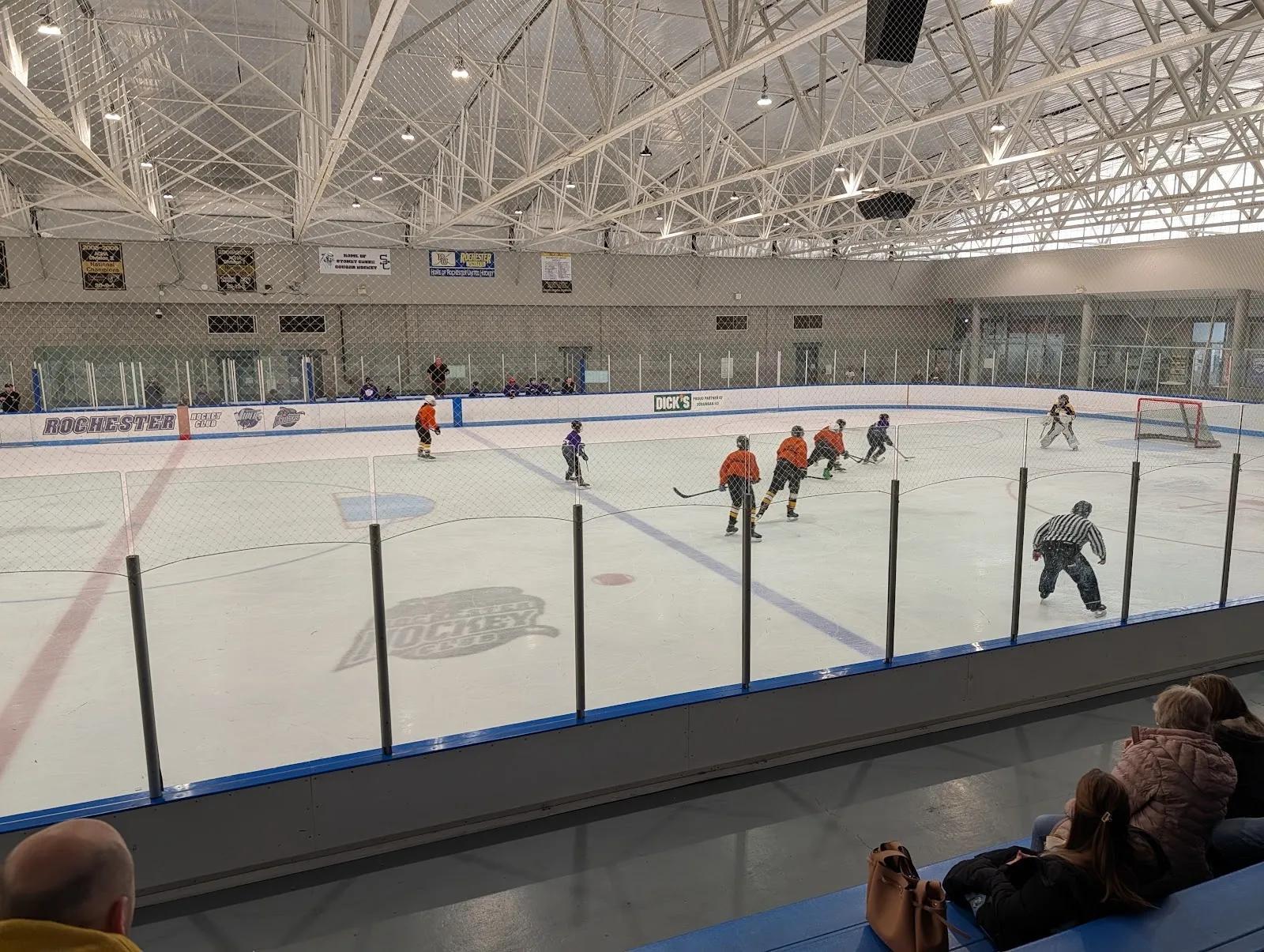 A game seen from the stands over a blue-edged board, players spread across the sheet under a steel-trussed ceiling. — Suburban Ice Rochester