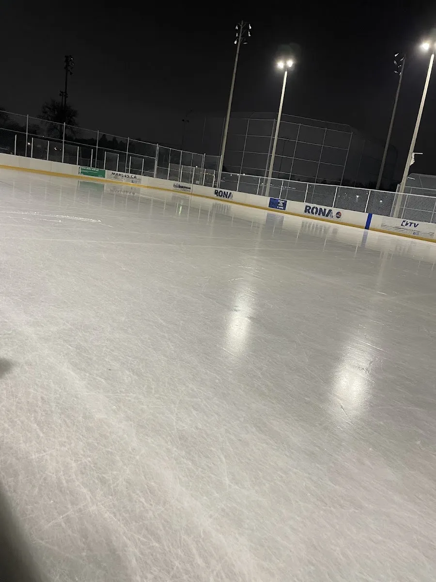 La pista de Sunnydale Acres iluminada con reflectores de noche, con la superficie de hielo y las bardas, sin personas a la vista — Sunnydale Acres Park Outdoor Ice Rink